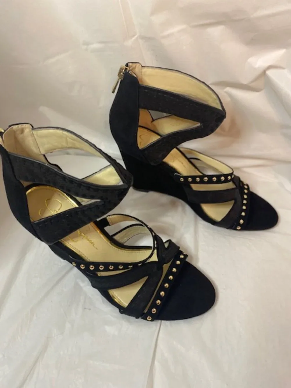Jessica Simpson Black Zenolia Studded Strappy Wedge Sandals - Size 8M